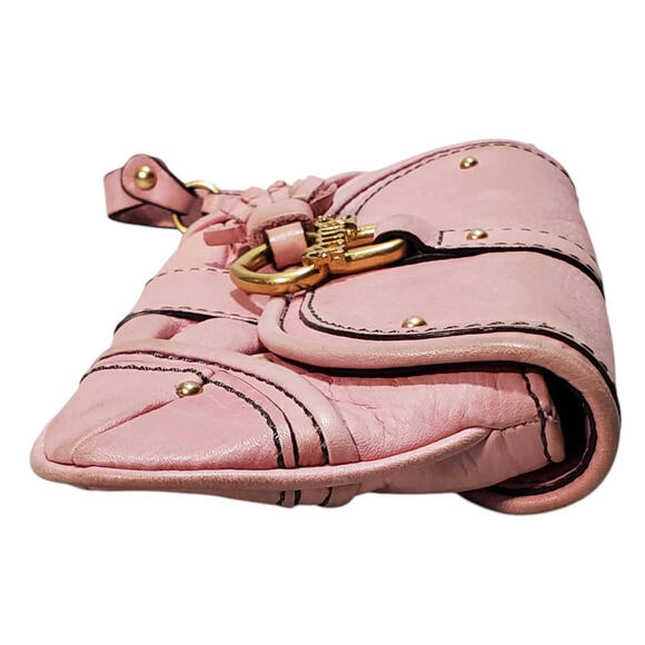 JUICY COUTURE Clutch WRISTLET Pale Pink Leather Pleated Studs Flap - Picture 4 of 13
